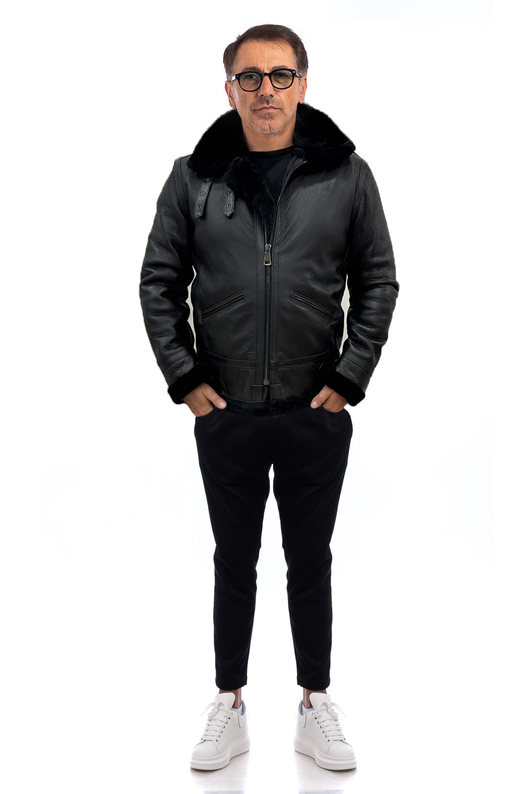Bomber montone pelo nero uomo con zip aviatore B5