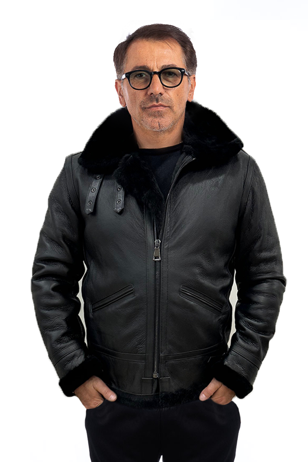 Bomber montone pelo nero uomo con zip aviatore B5