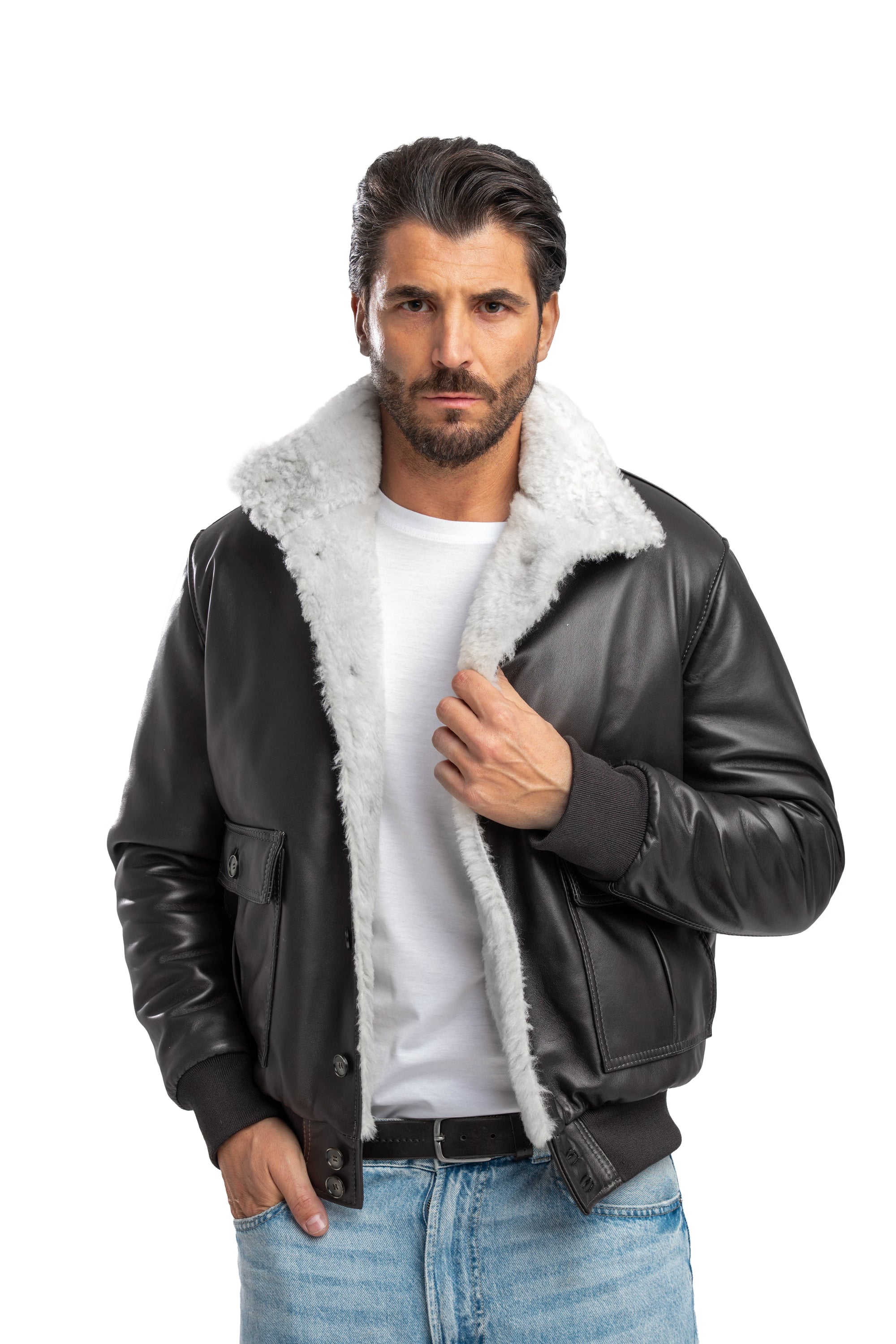 Bomber interamente in montone nero pelo bianco VAST 2