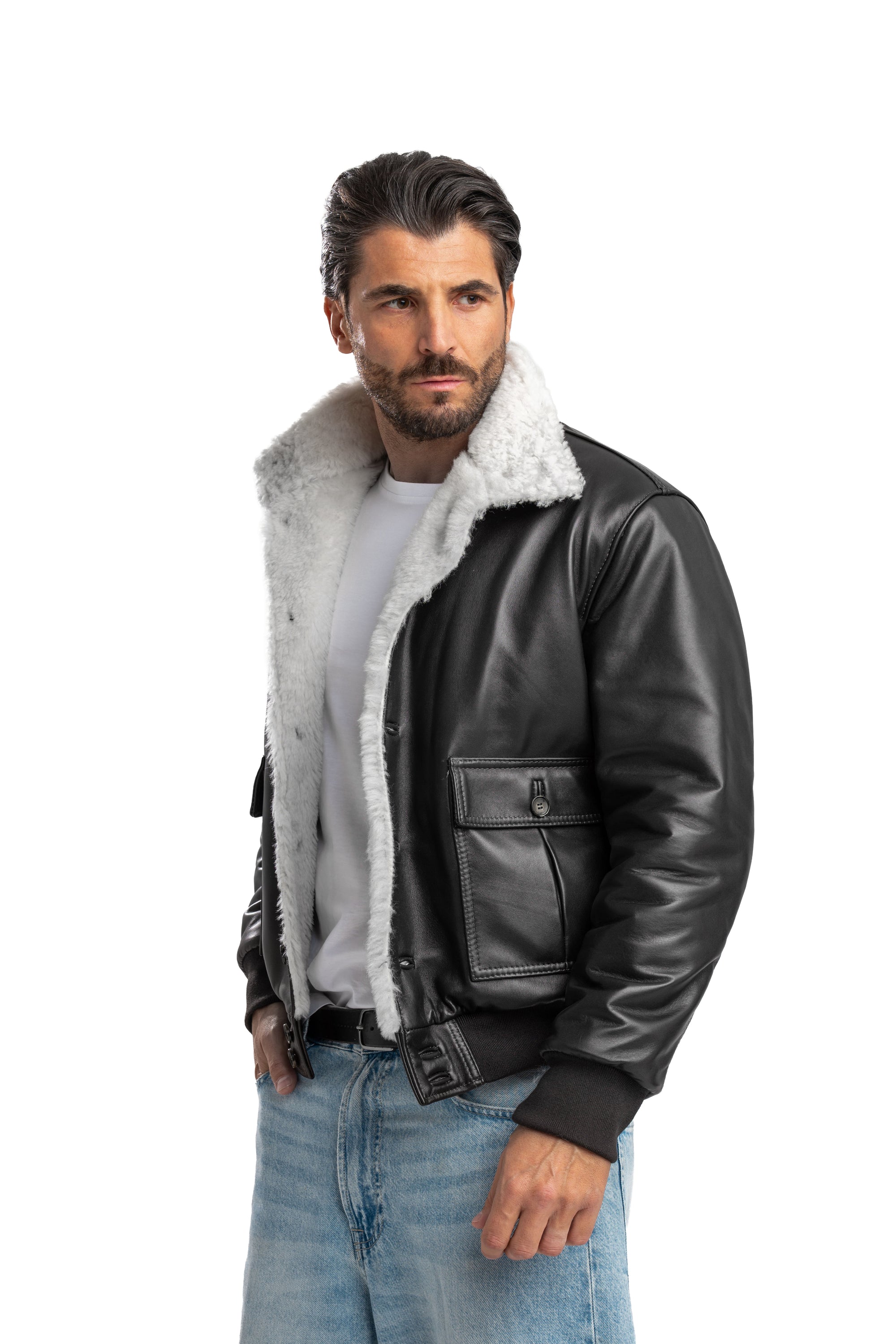 Bomber interamente in montone nero pelo bianco VAST 2