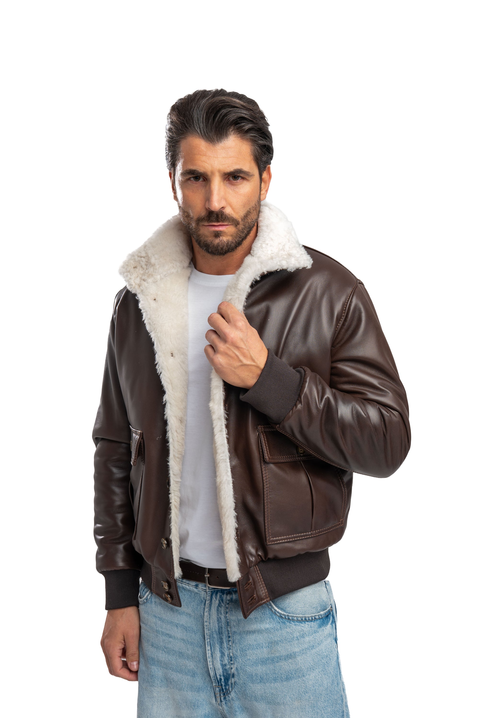 Bomber interamente in montone marrone pelo bianco VAST 2