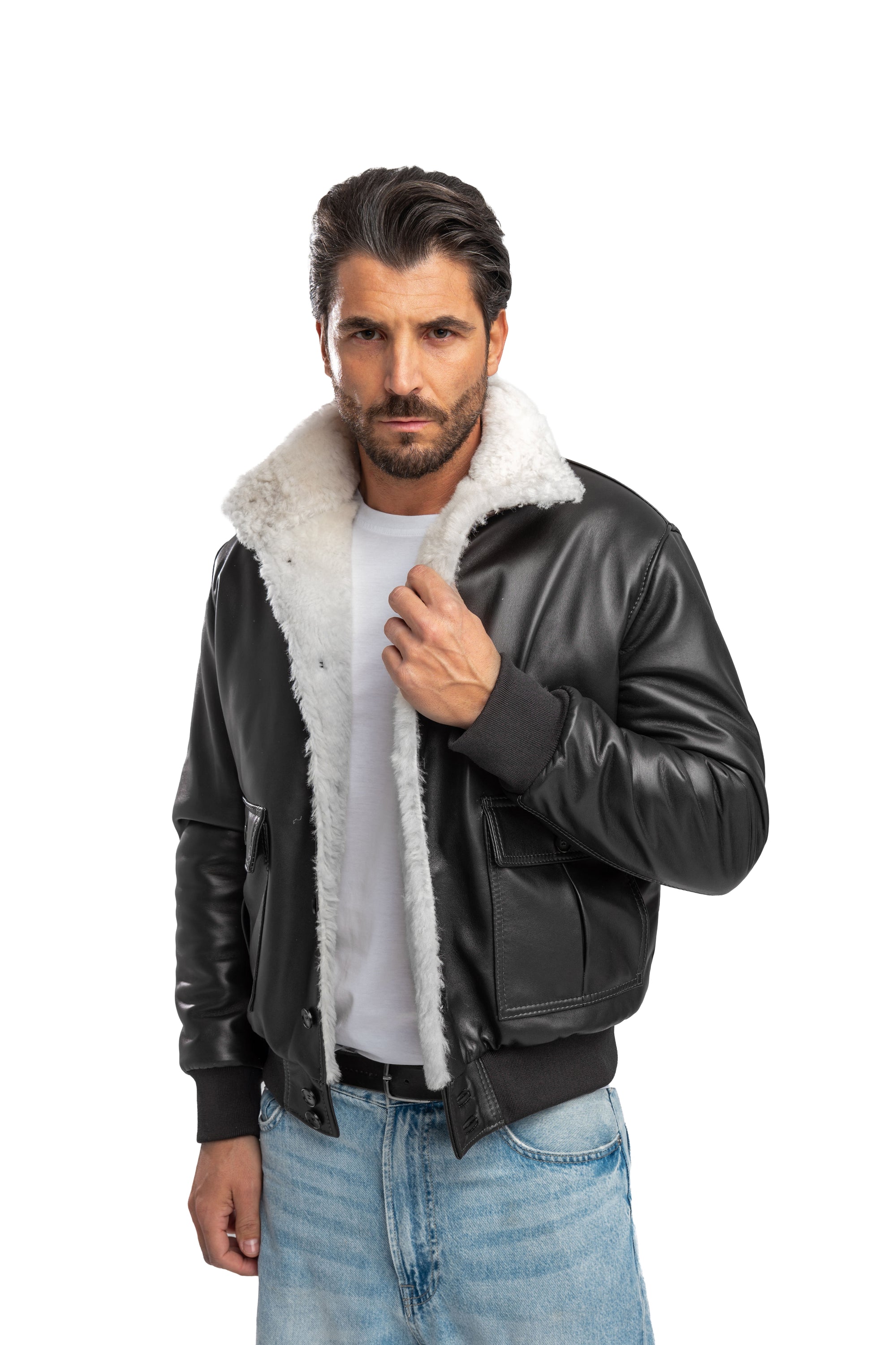 Bomber interamente in montone nero pelo bianco VAST 2