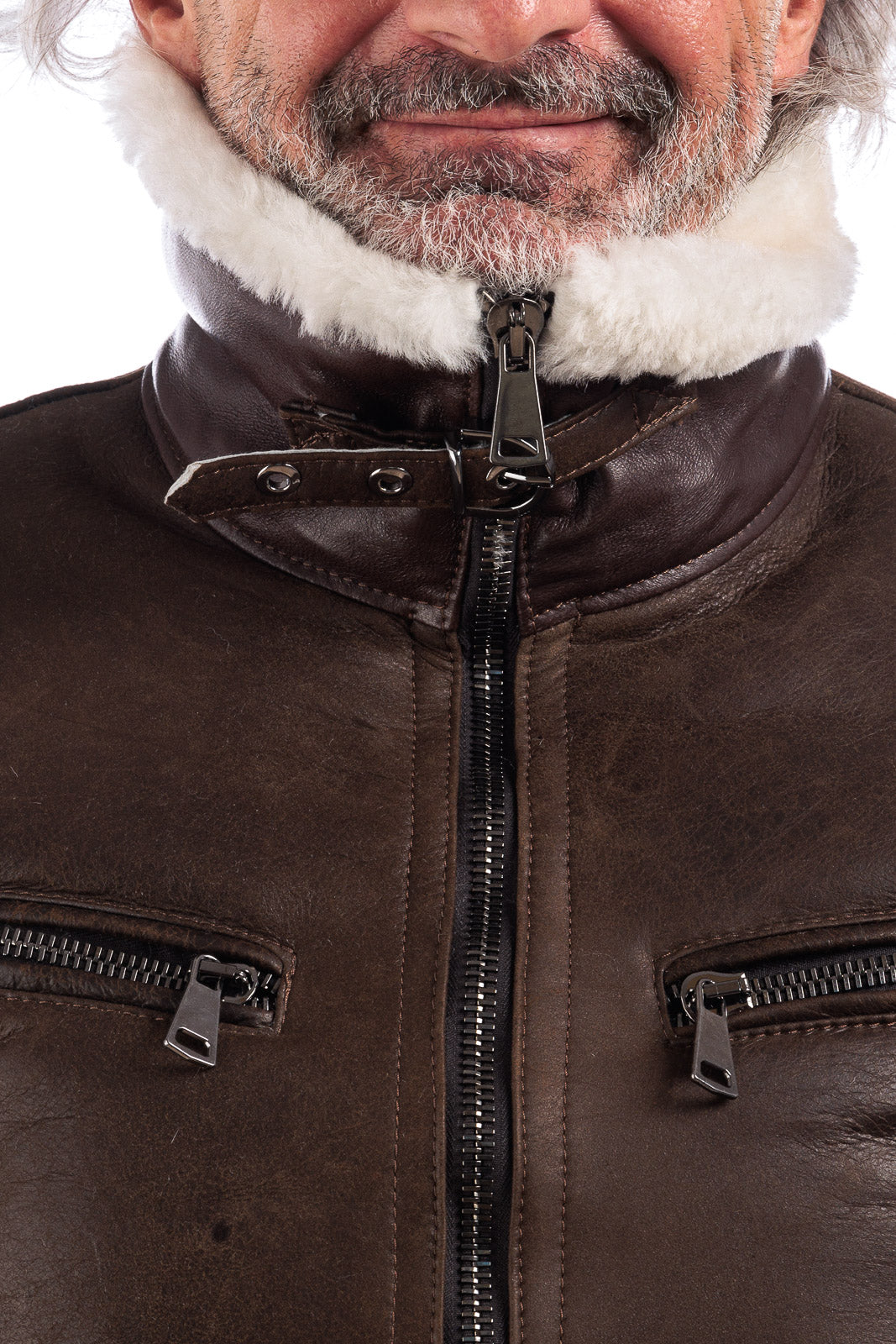 Bomber 77 in montone marrone pelo bianco con zip