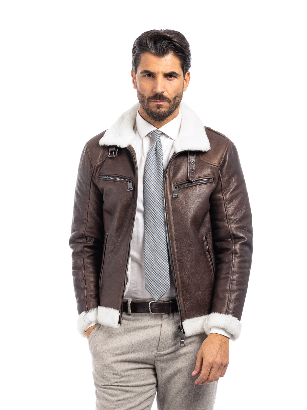 Bomber 77 in montone marrone pelo bianco con zip