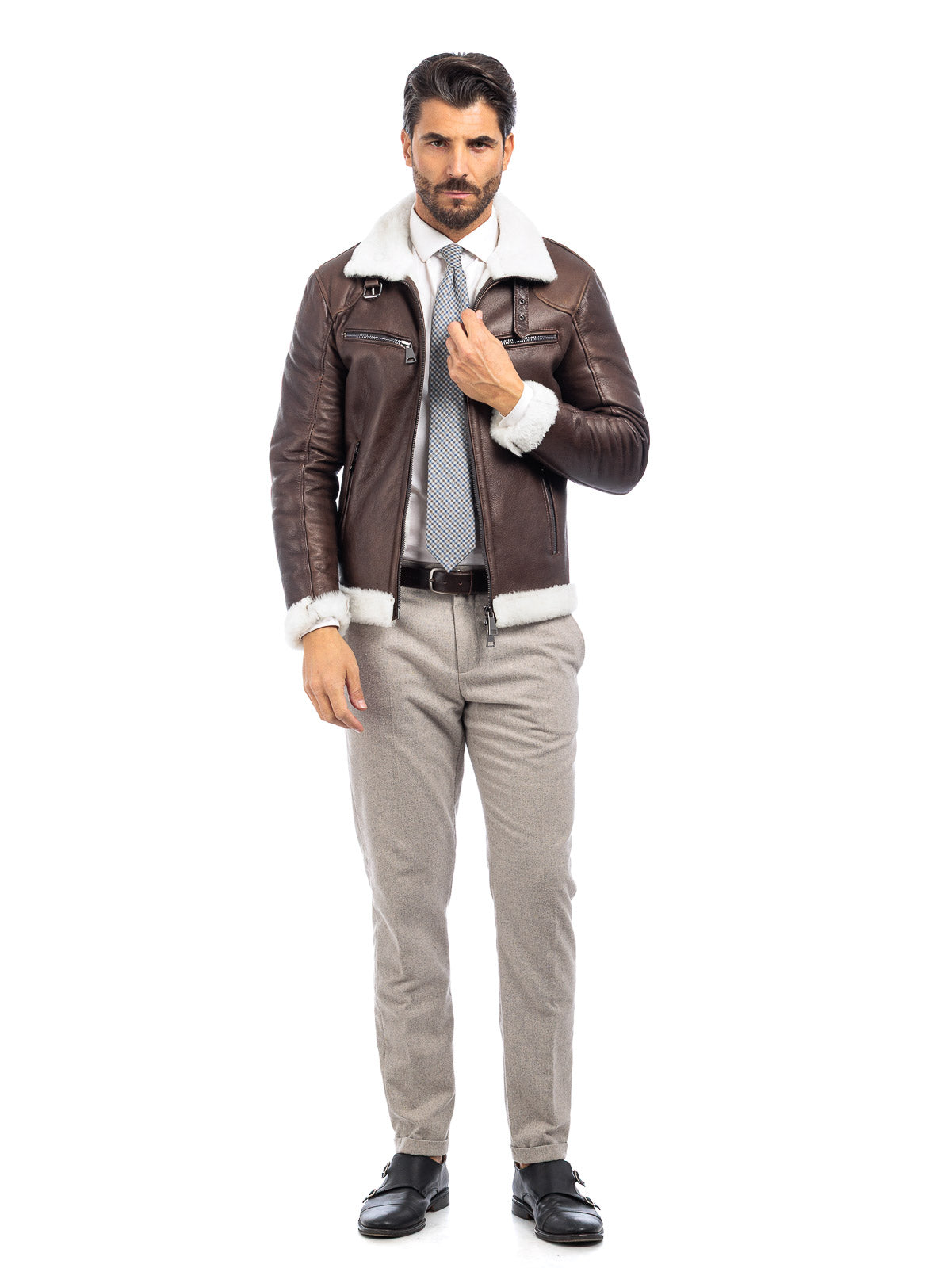 Bomber 77 in montone marrone pelo bianco con zip