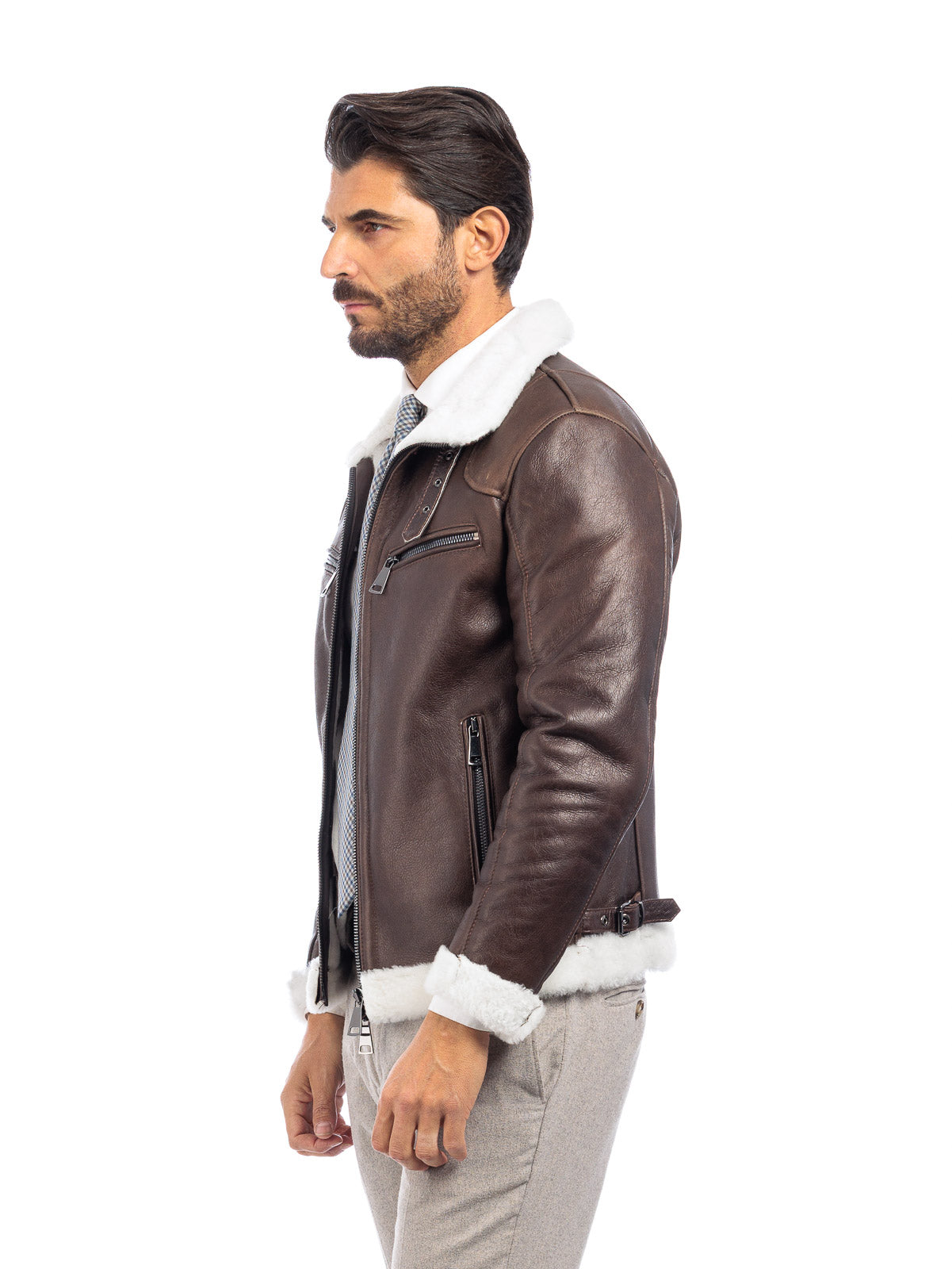 Bomber 77 in montone marrone pelo bianco con zip