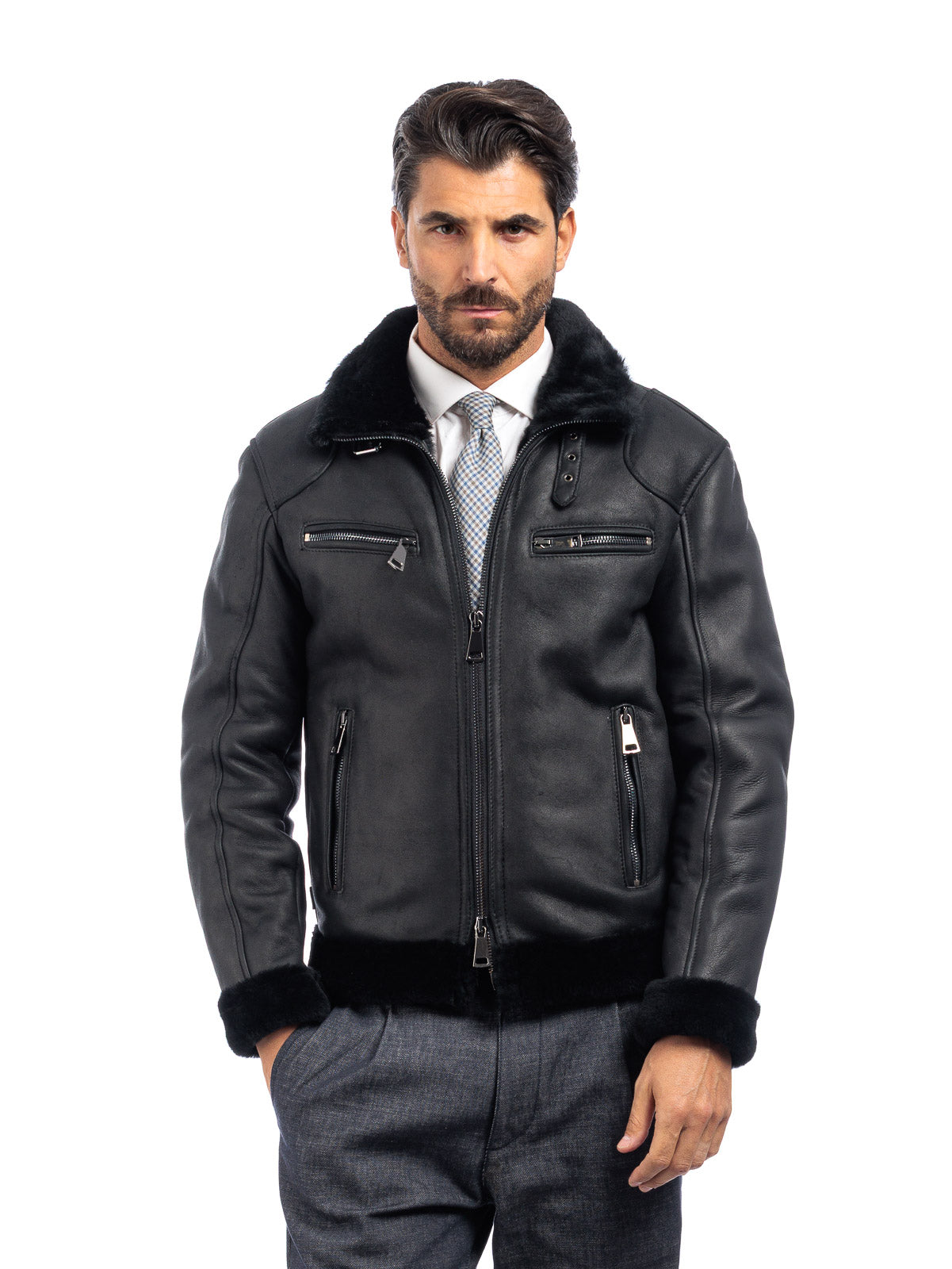 Bomber 77 in montone nero pelo nero con zip
