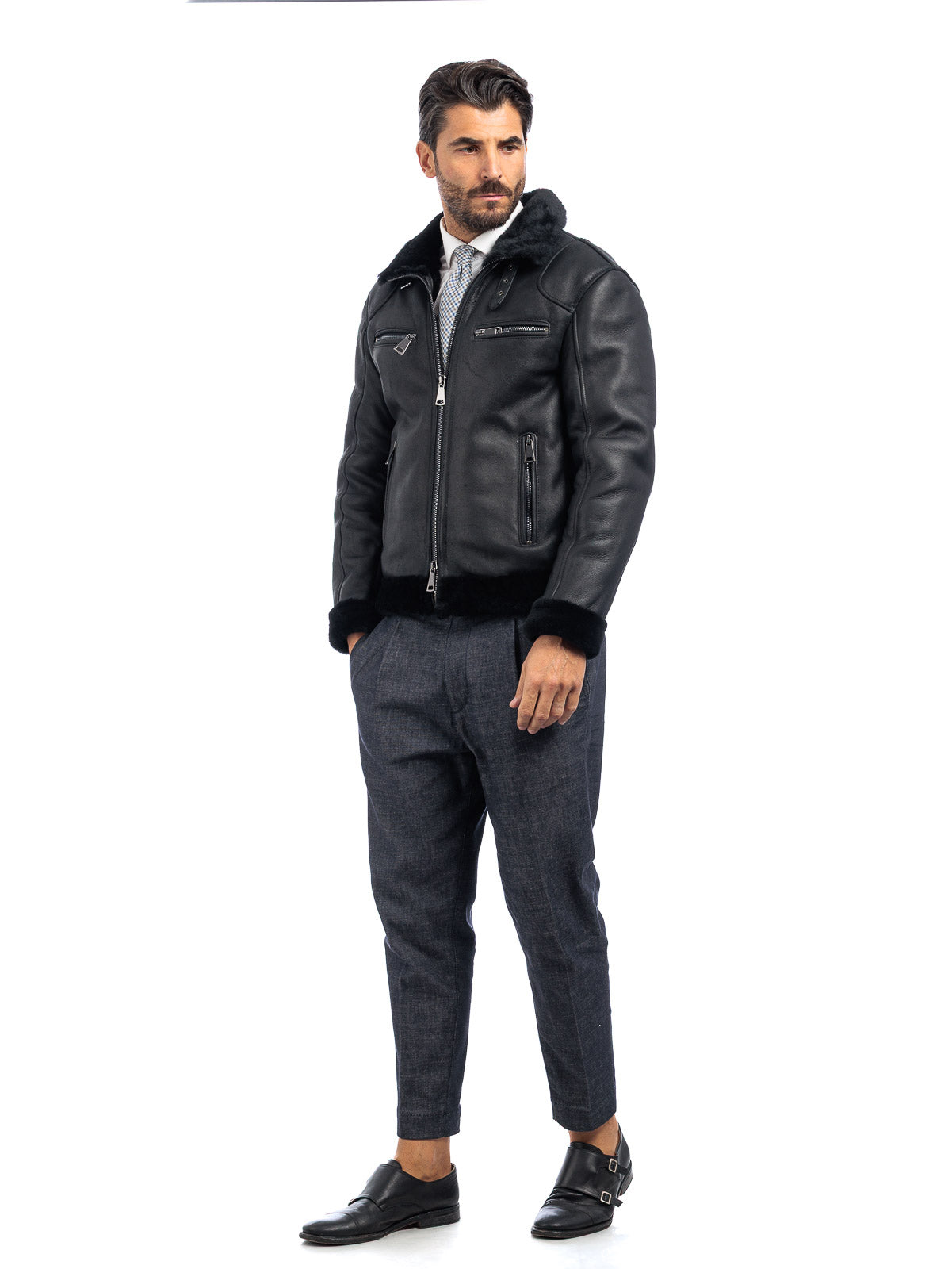 Bomber 77 in montone nero pelo nero con zip