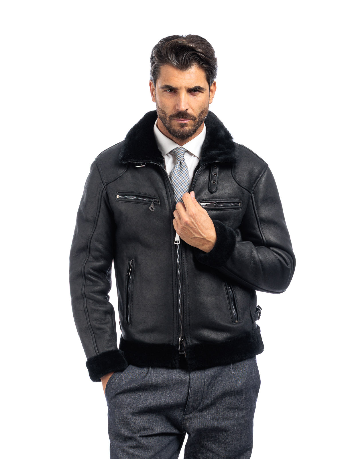Bomber 77 in montone nero pelo nero con zip