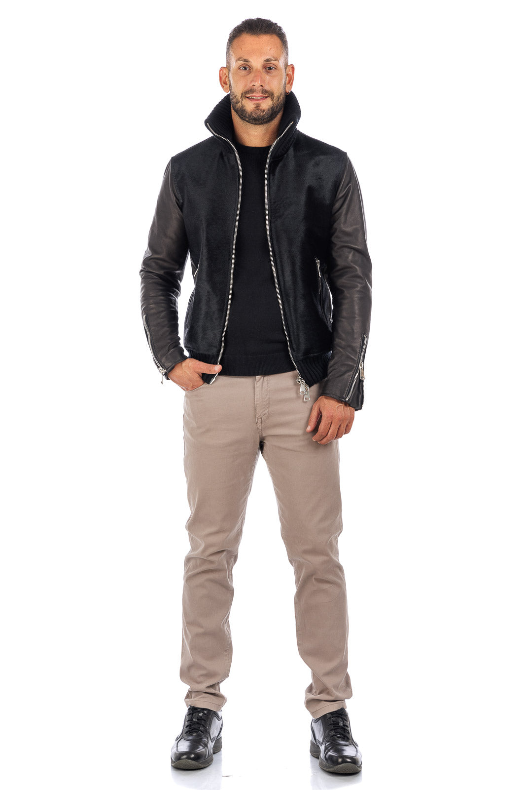 Bomber di cavallino nero con zip
