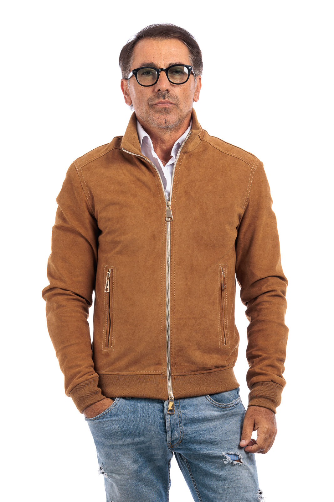 Bomber in camoscio di renna uomo con zip NUV whisky