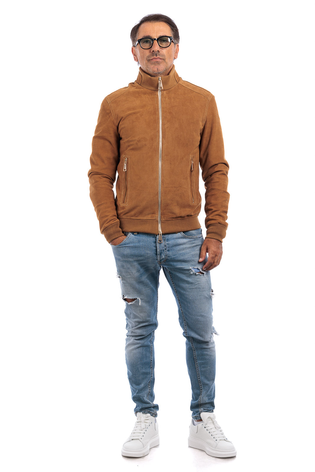 Bomber in camoscio di renna uomo con zip NUV whisky
