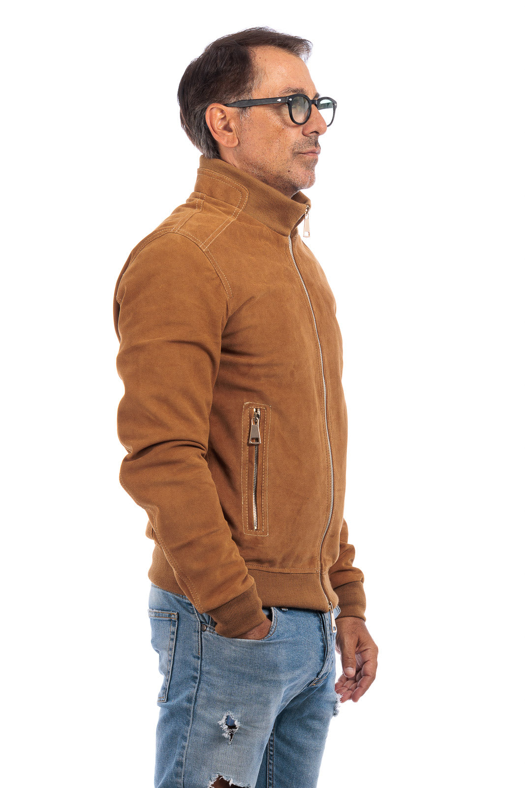 Bomber in camoscio di renna uomo con zip NUV whisky