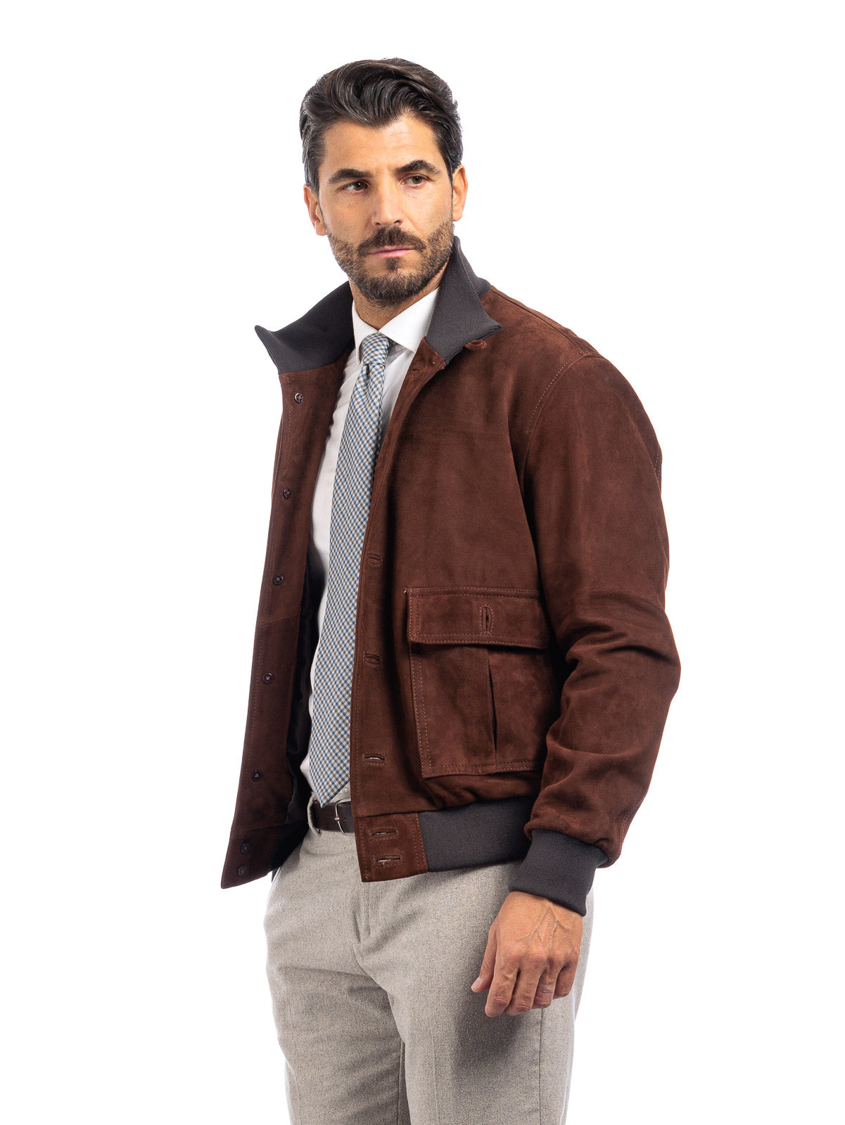 Bomber in camoscio uomo con bottoni e zip VAST marrone