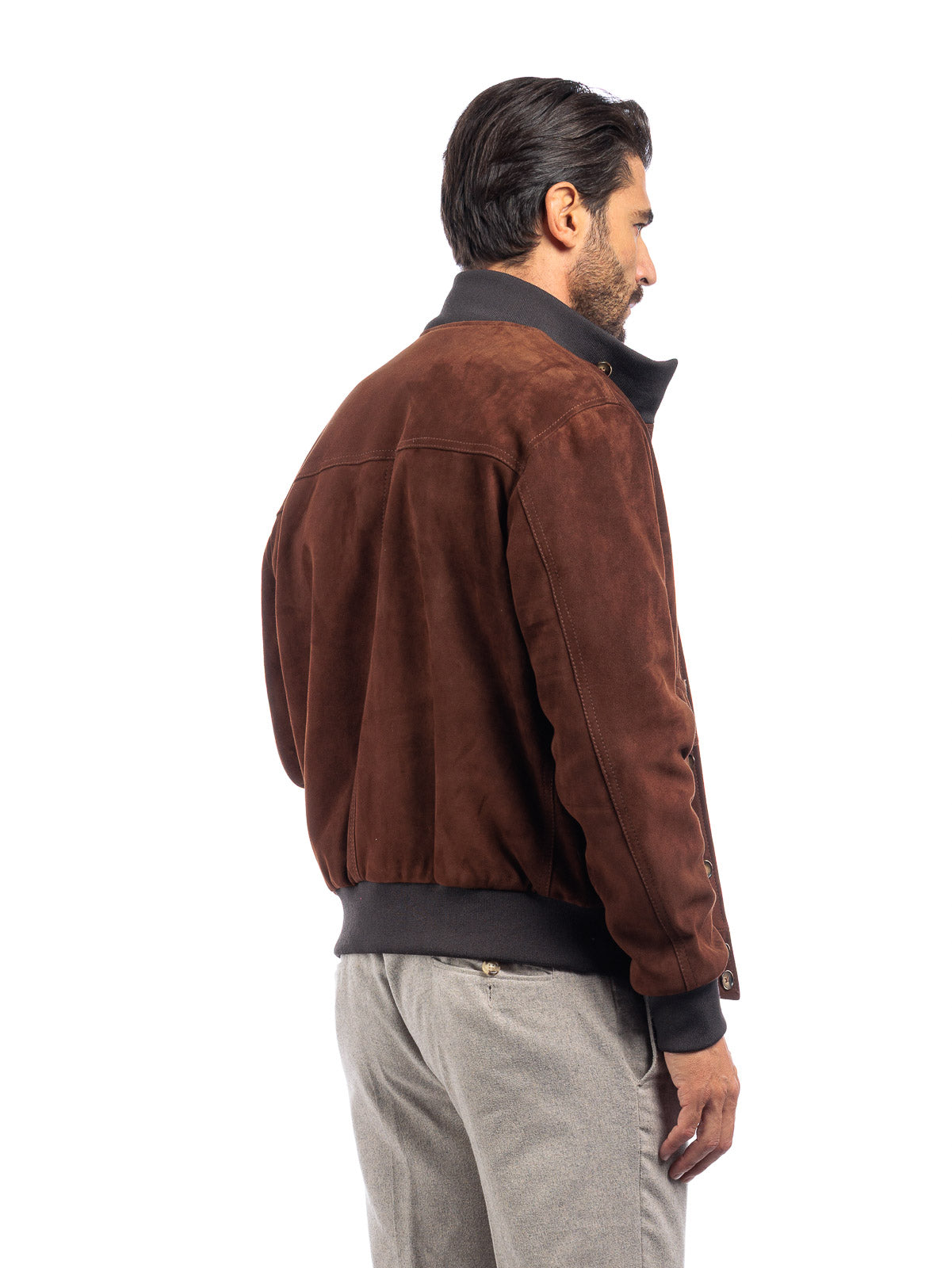 Bomber in camoscio uomo con bottoni e zip VAST marrone