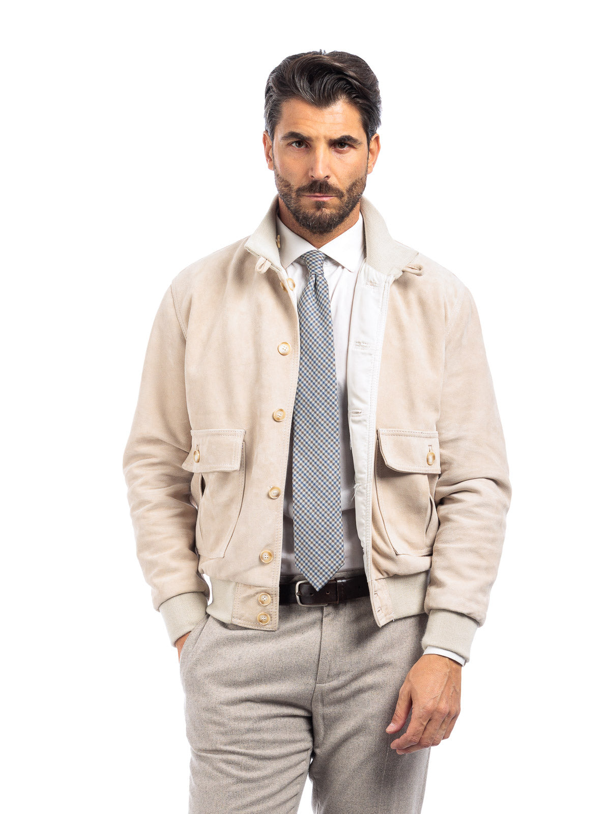 Bomber in camoscio uomo con bottoni e zip VAST panna
