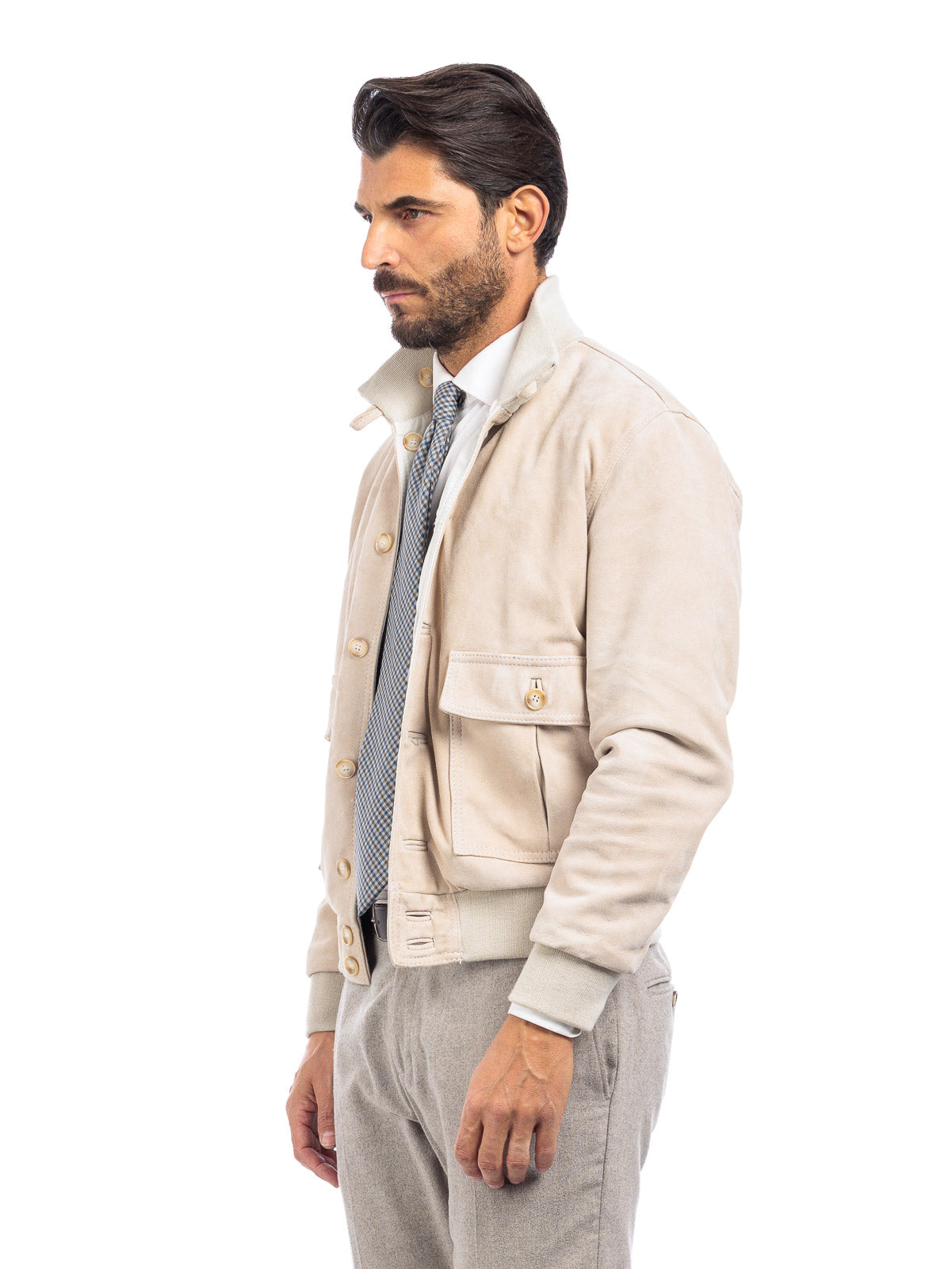 Bomber in camoscio uomo con bottoni e zip VAST panna