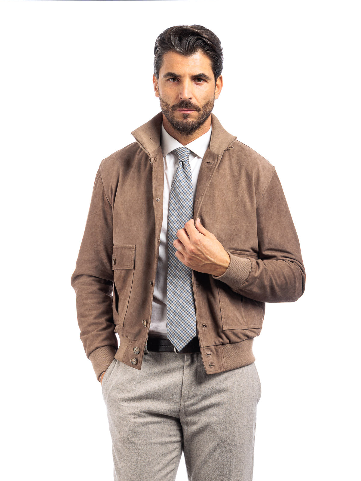 Bomber in camoscio uomo con bottoni e zip VAST taupe