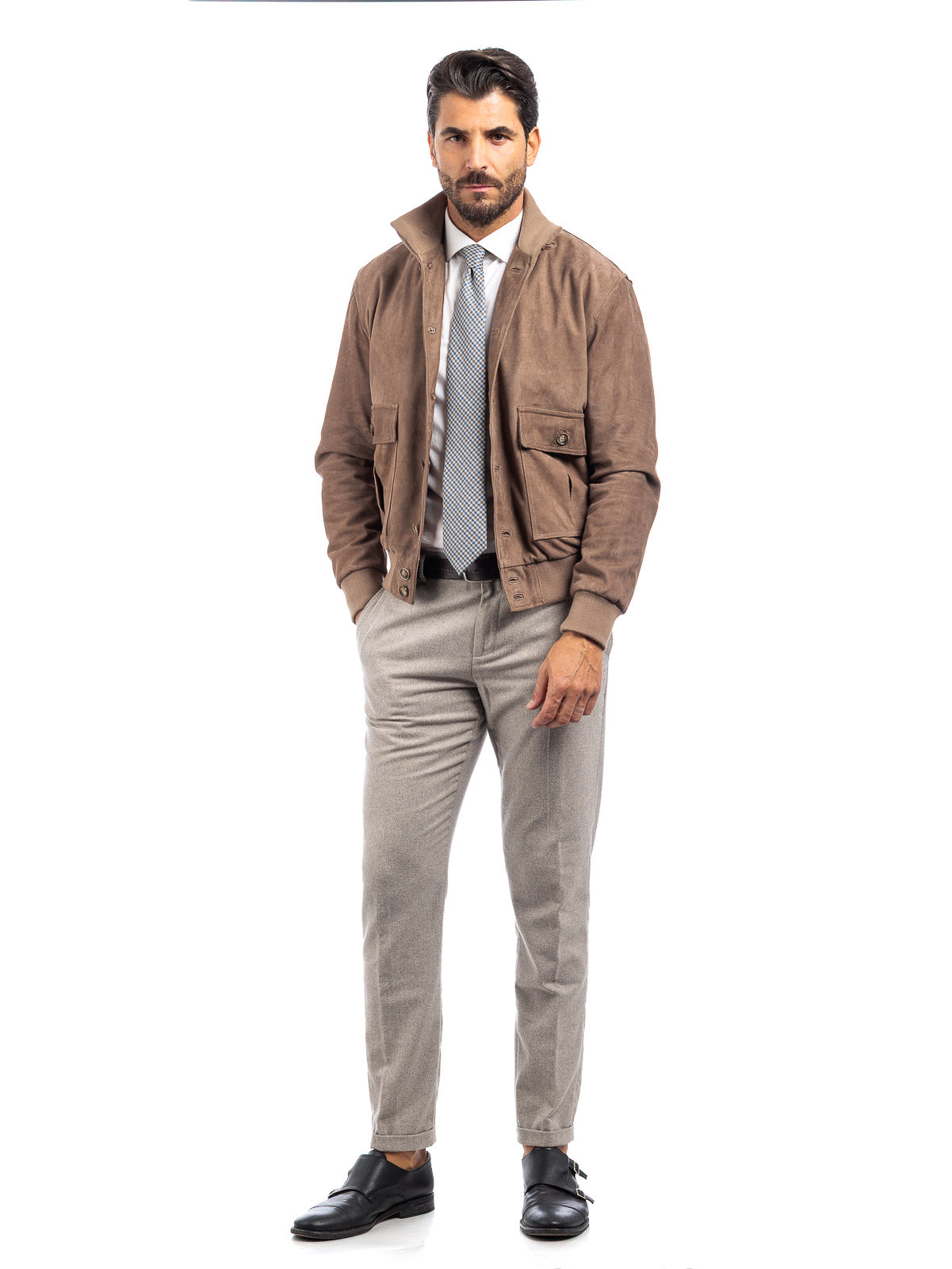 Bomber in camoscio uomo con bottoni e zip VAST taupe