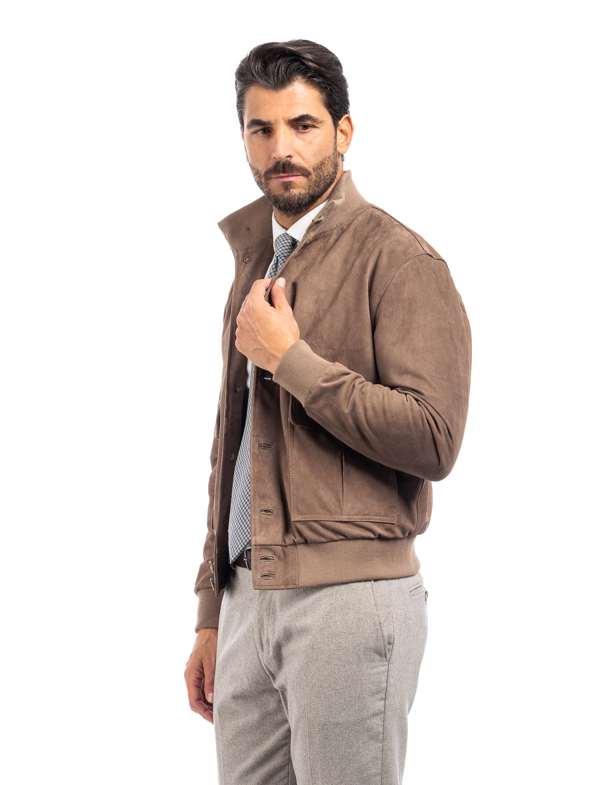 Bomber in camoscio uomo con bottoni e zip VAST taupe