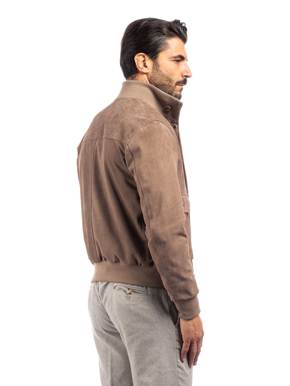 Bomber in camoscio uomo con bottoni e zip VAST taupe