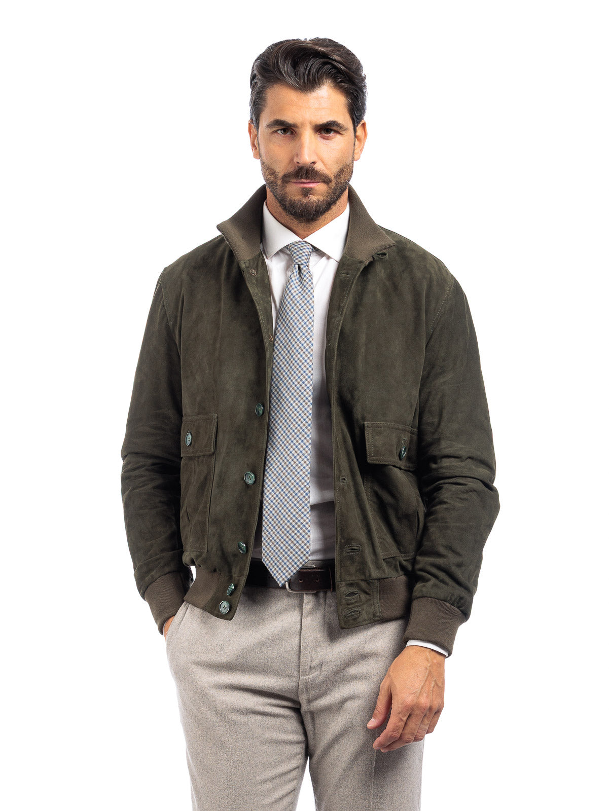 Bomber in camoscio uomo con bottoni e zip VAST verde
