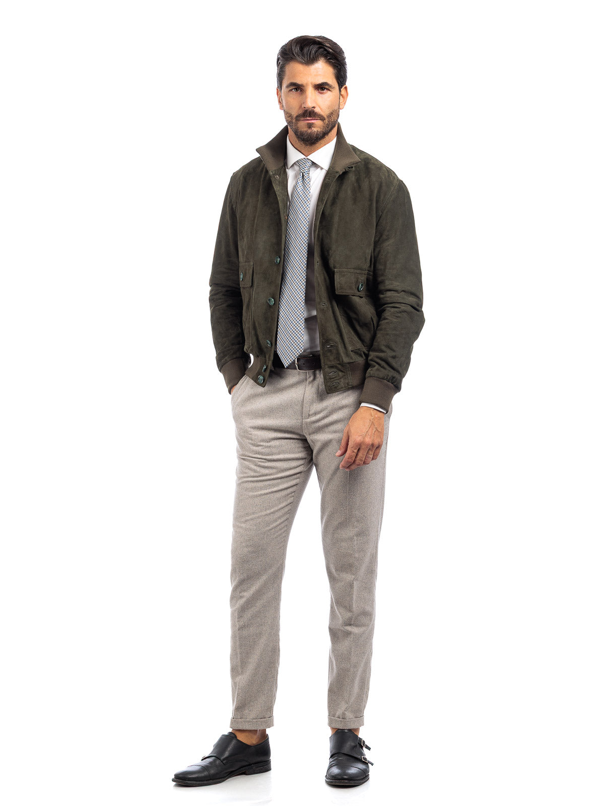 Bomber in camoscio uomo con bottoni e zip VAST verde