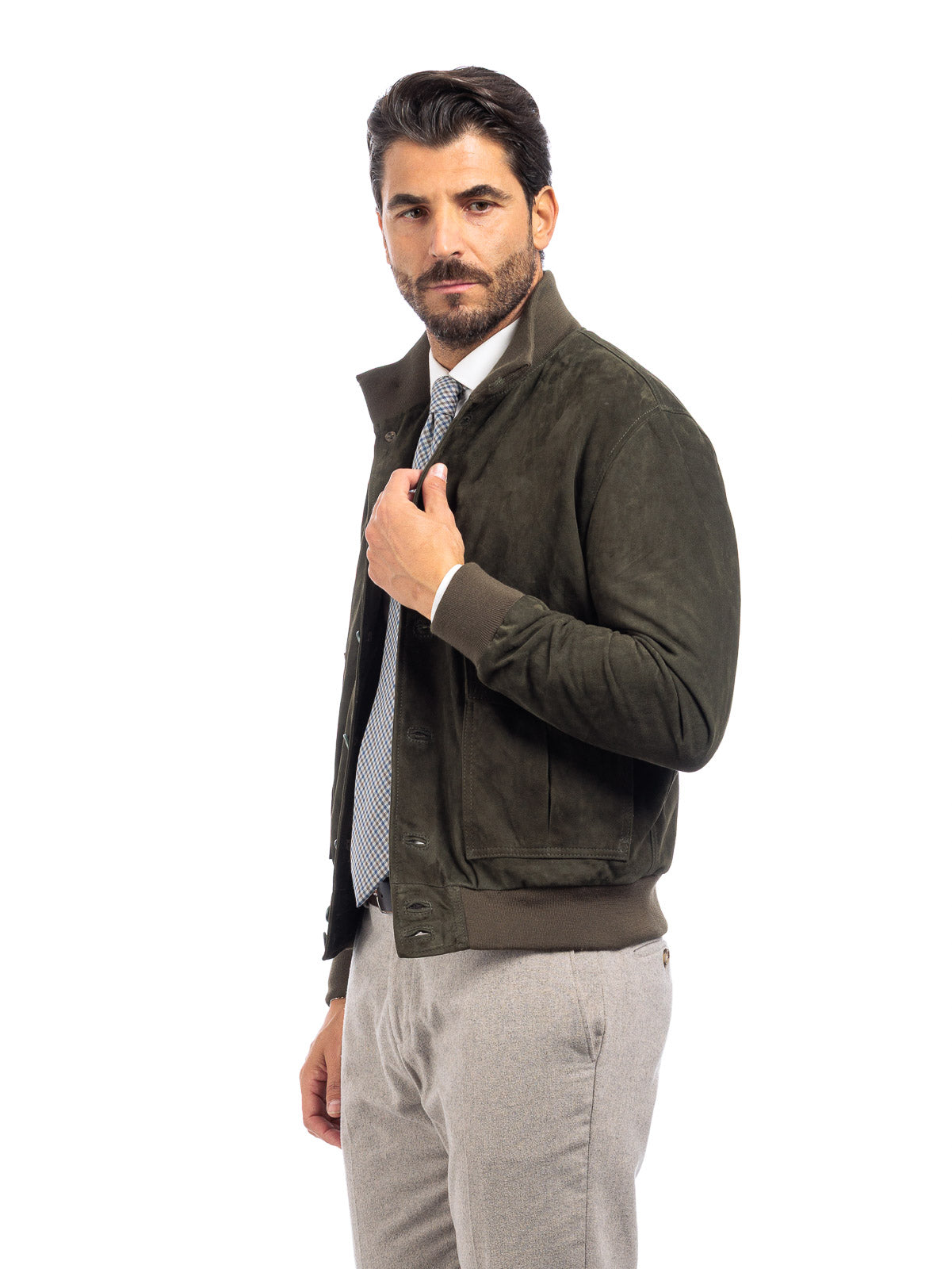 Bomber in camoscio uomo con bottoni e zip VAST verde