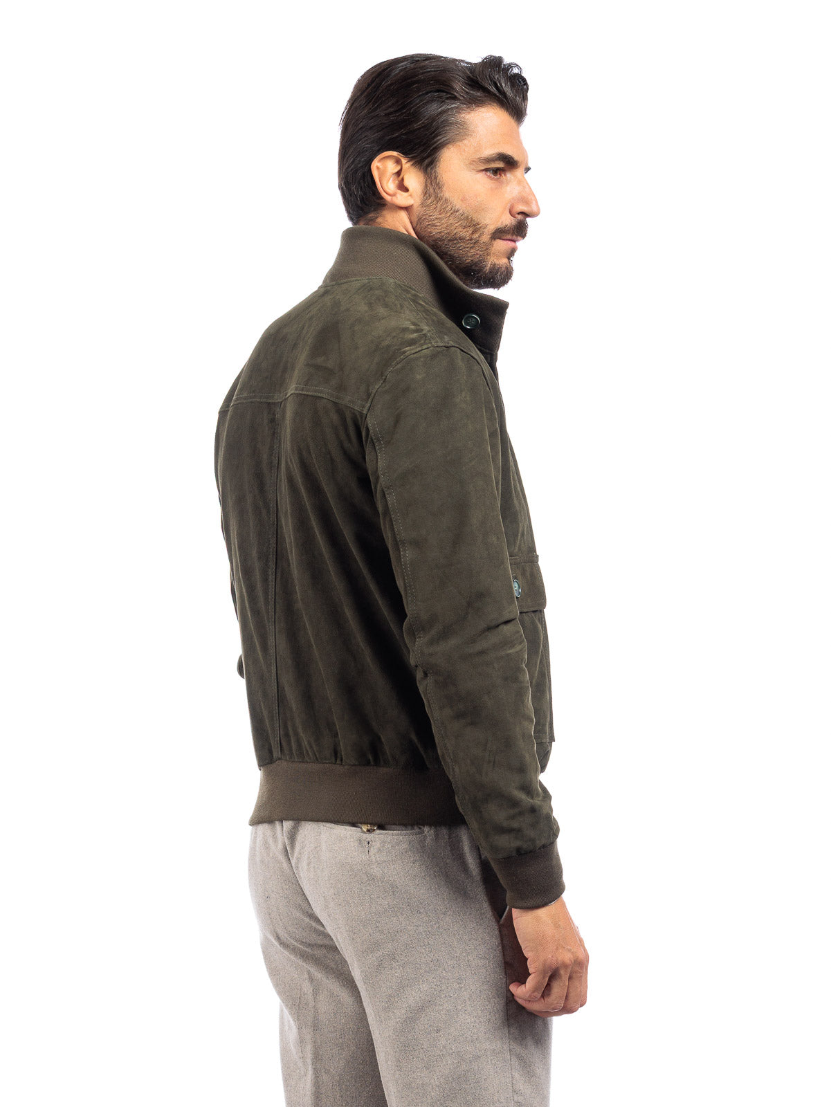 Bomber in camoscio uomo con bottoni e zip VAST verde