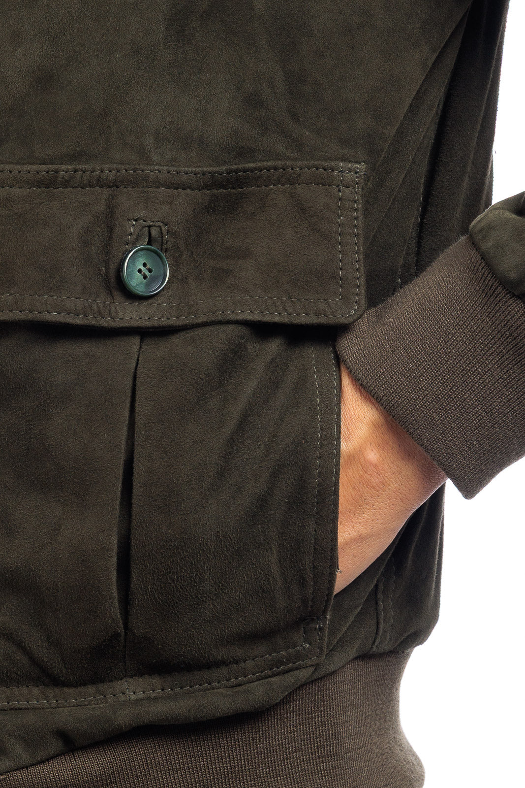 Bomber in camoscio uomo con bottoni e zip VAST verde