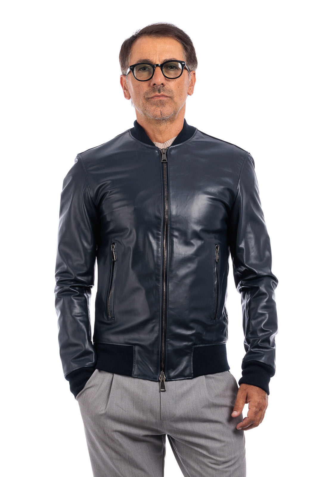 Bomber in pelle con zip GP blu