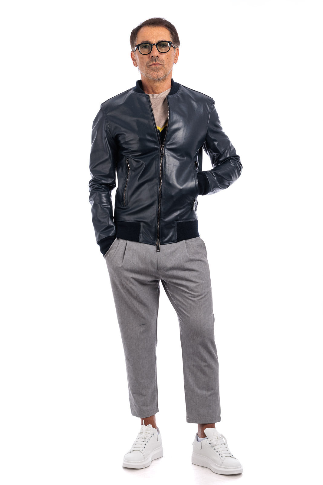 Bomber in pelle con zip GP blu