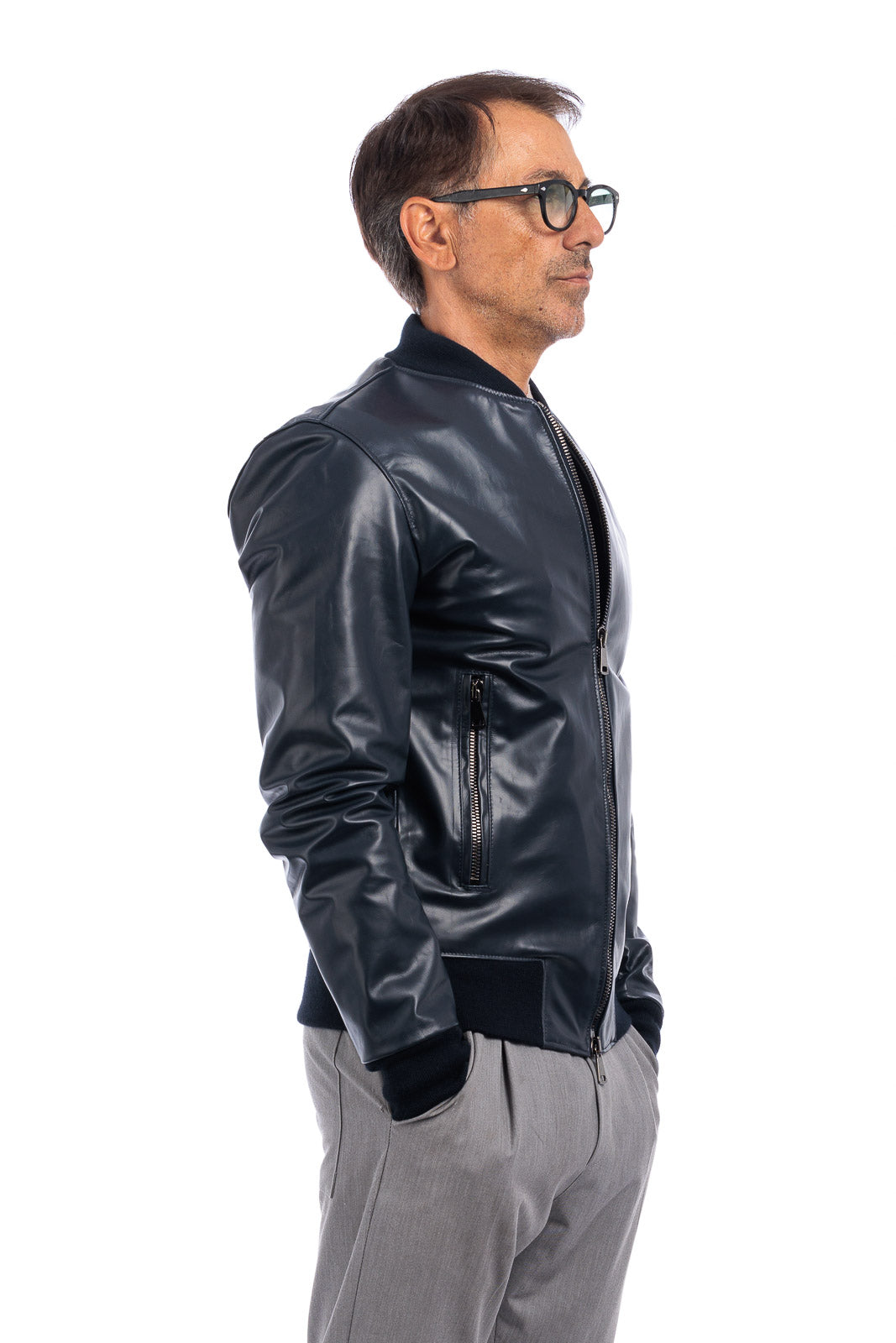Bomber in pelle con zip GP blu