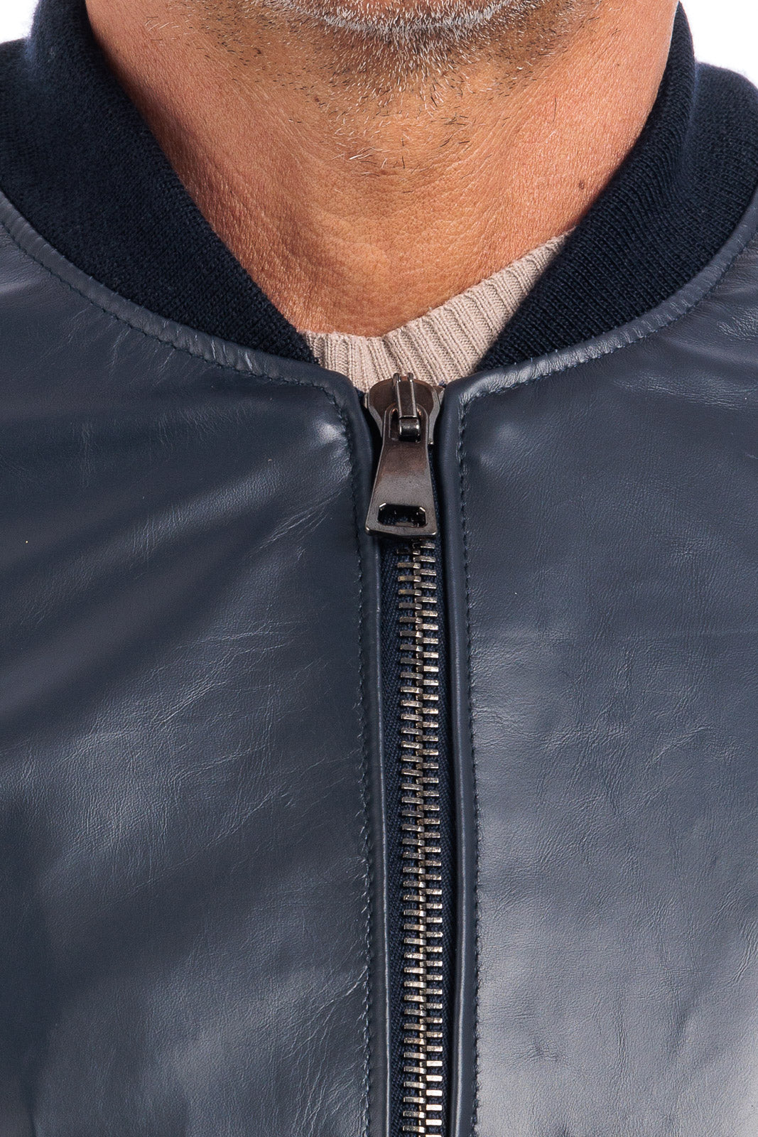 Bomber in pelle con zip GP blu