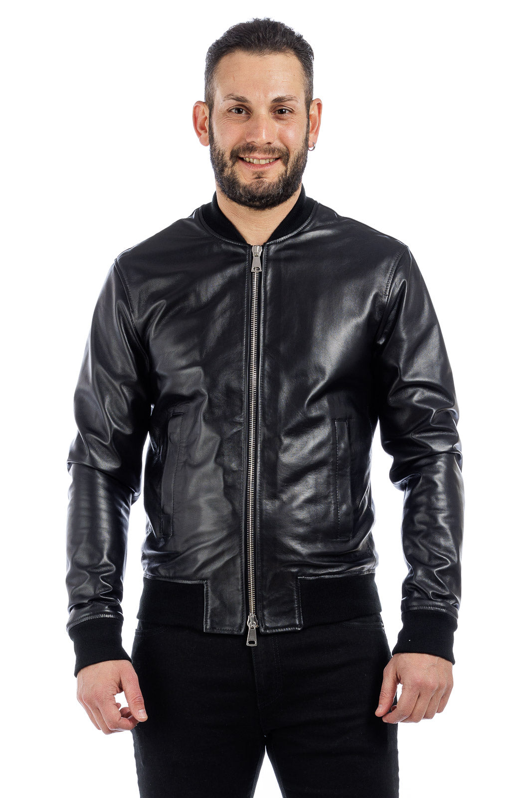 Bomber in pelle con zip GP nero