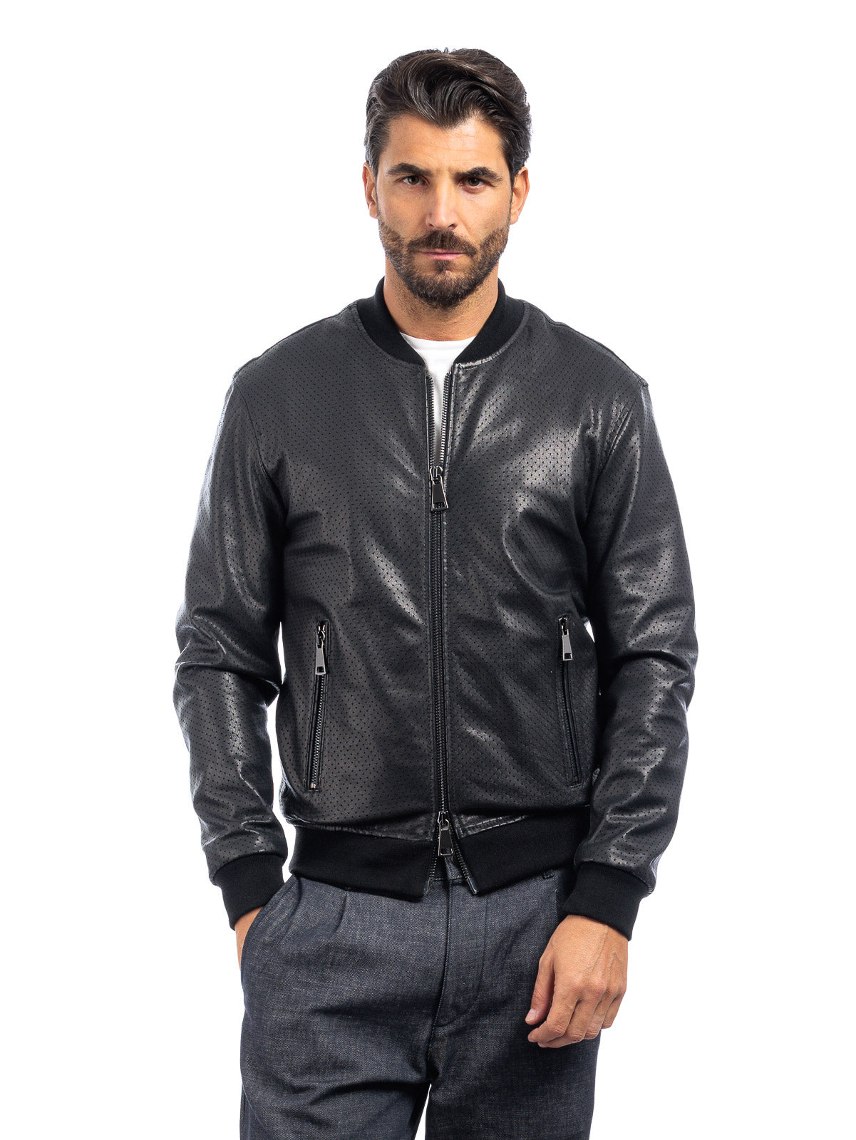 Bomber in pelle con zip GP nero traforato
