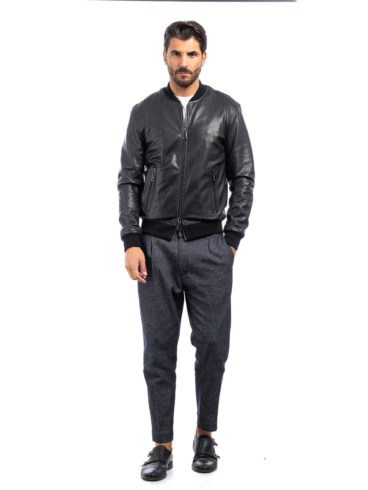 Bomber in pelle con zip GP nero traforato