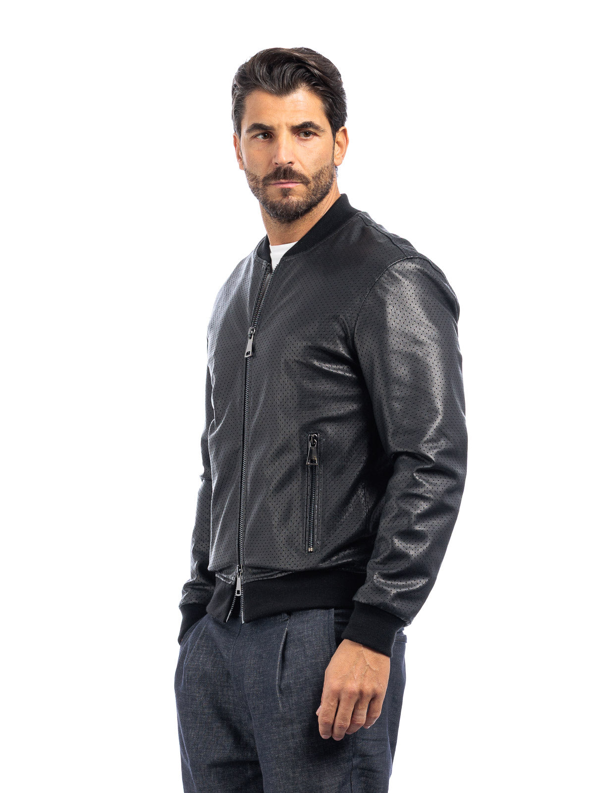 Bomber in pelle con zip GP nero traforato