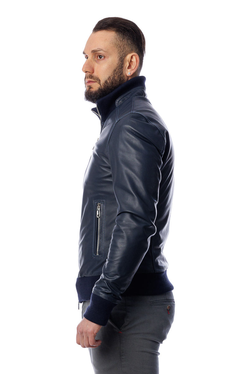 Bomber in pelle con zip POLO blu