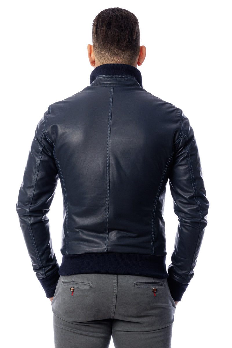 Bomber in pelle con zip POLO blu
