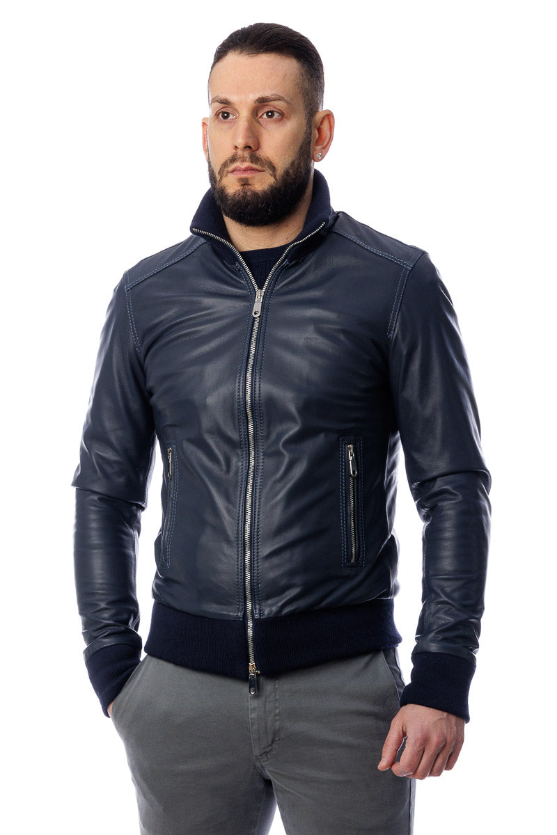 Bomber in pelle con zip POLO blu