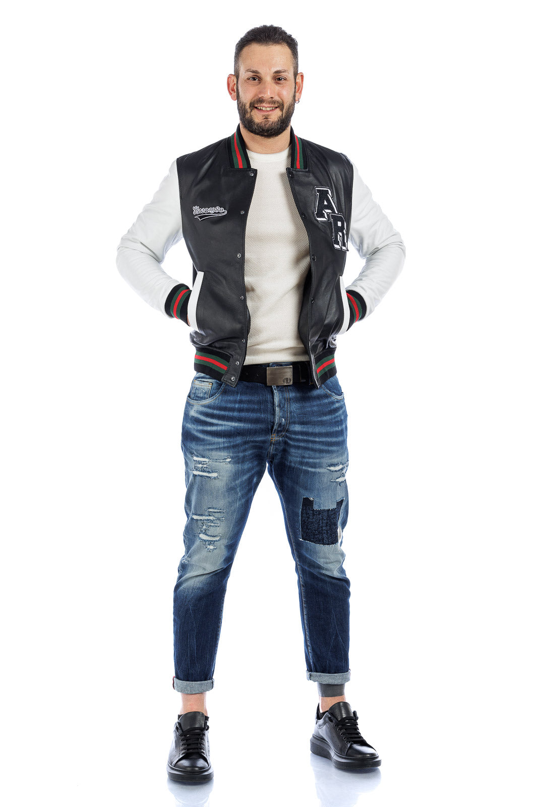 Bomber in pelle varsity college nero
