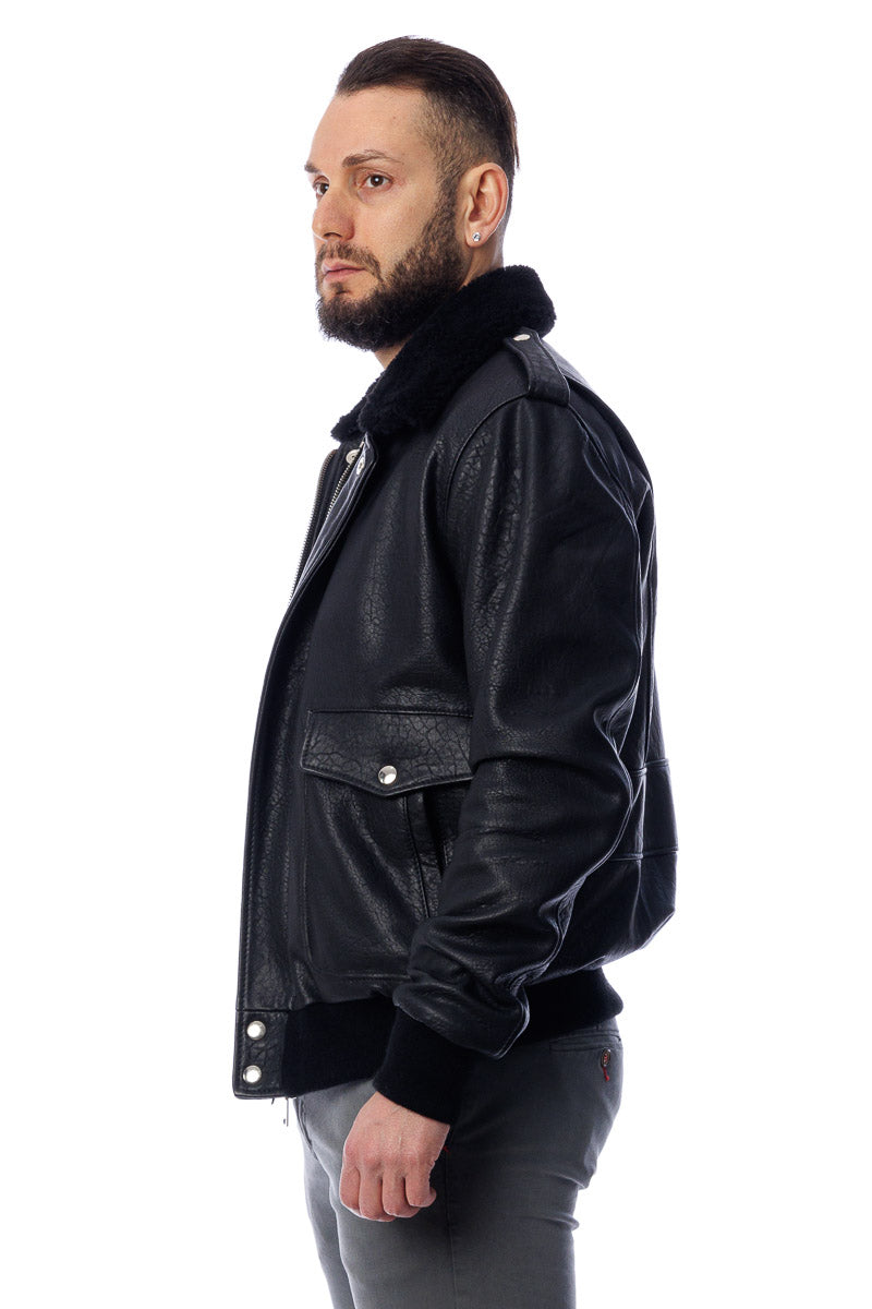 Bomber in vera pelle uomo con tasconi e collo staccabile in montone