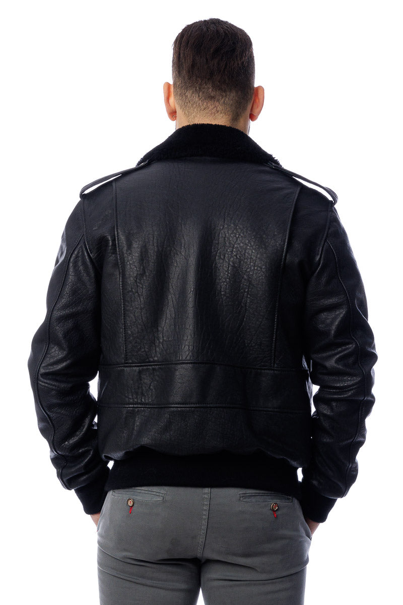 Bomber in vera pelle uomo con tasconi e collo staccabile in montone