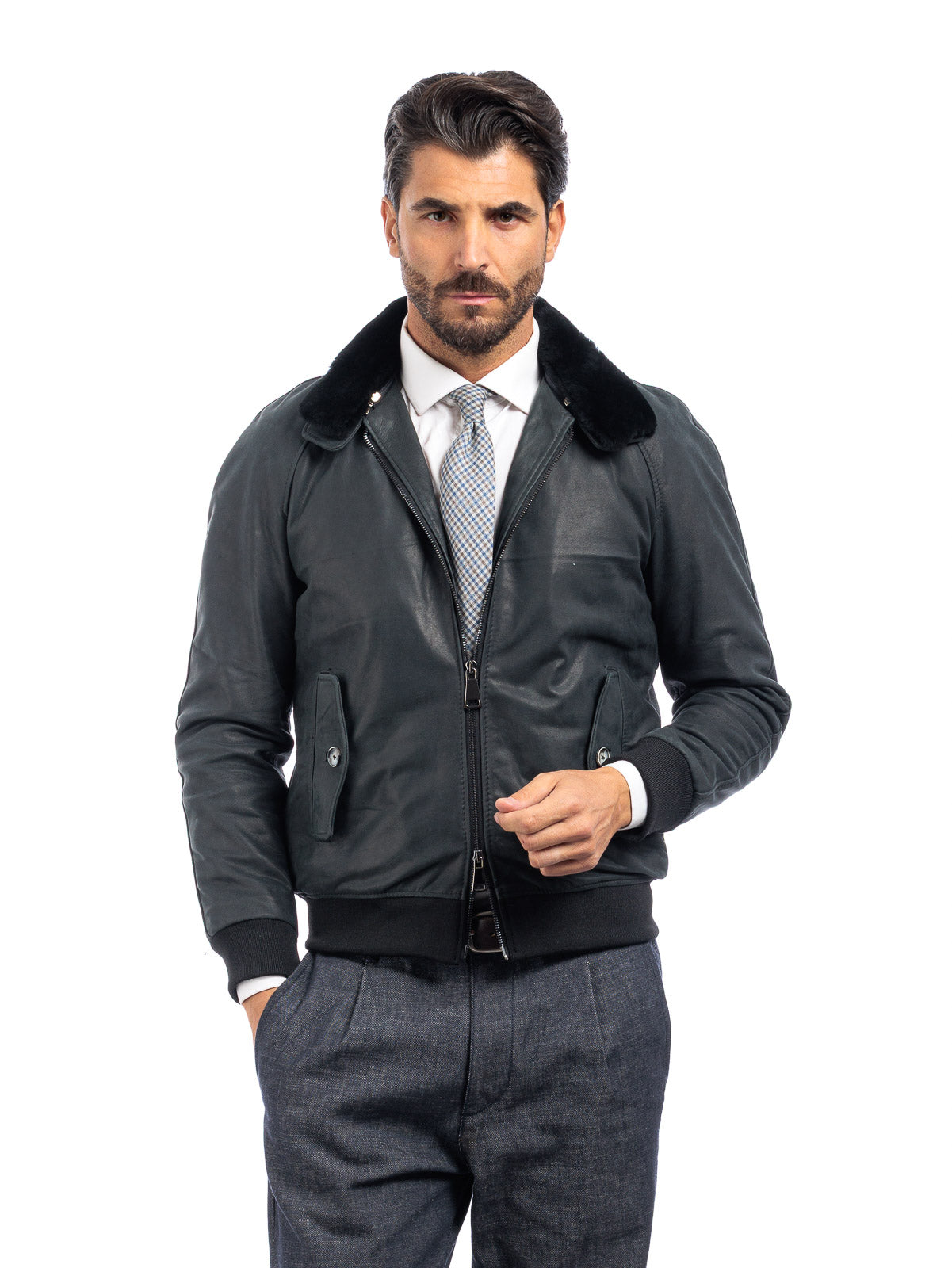 Bomber in vera pelle uomo con zip REGLAN PAT con collo in montone