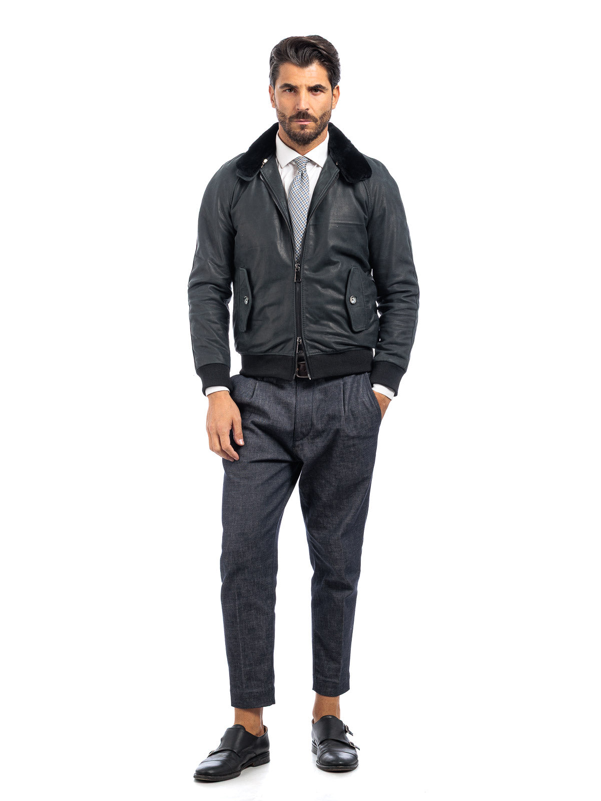 Bomber in vera pelle uomo con zip REGLAN PAT con collo in montone