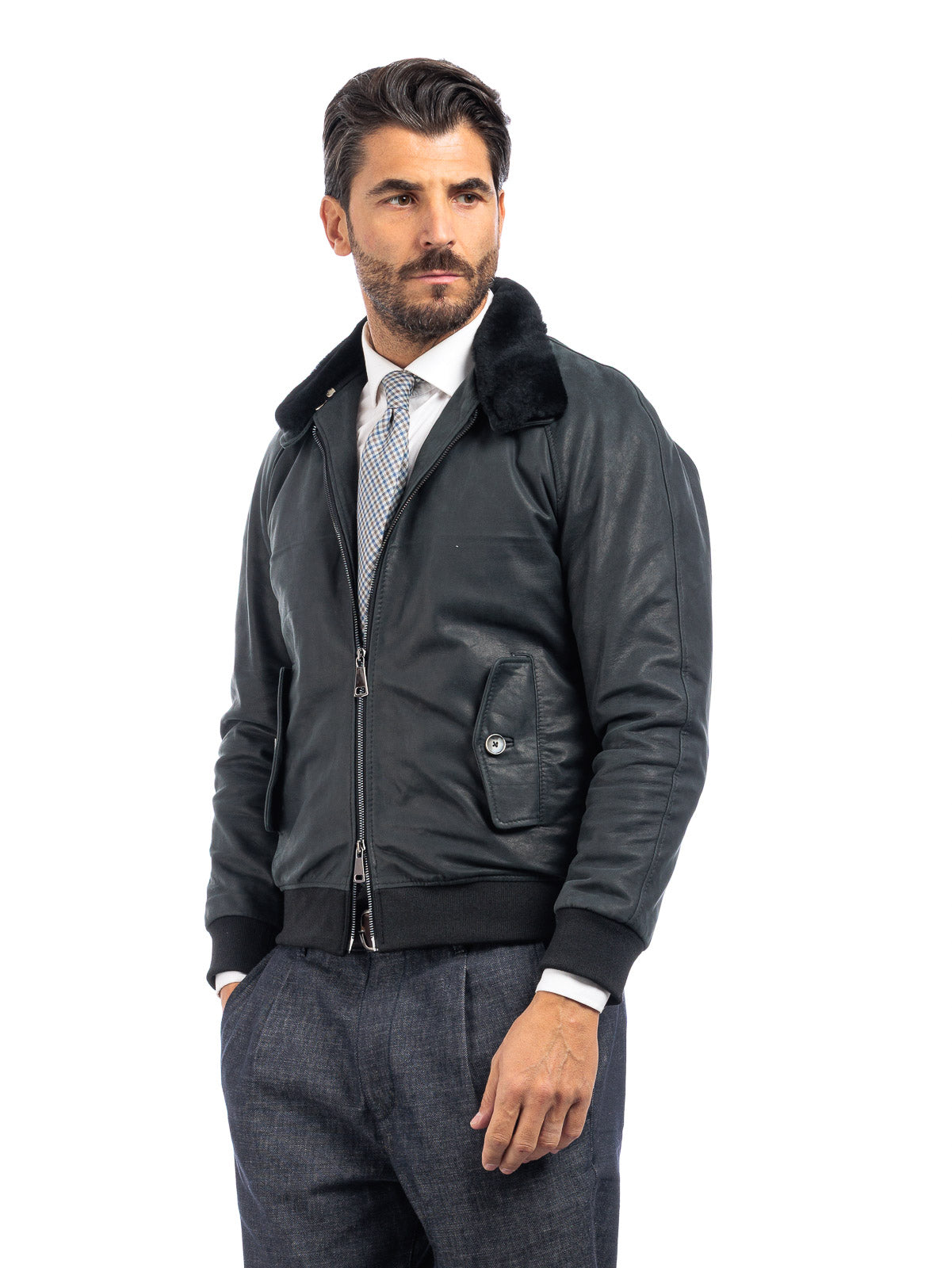 Bomber in vera pelle uomo con zip REGLAN PAT con collo in montone