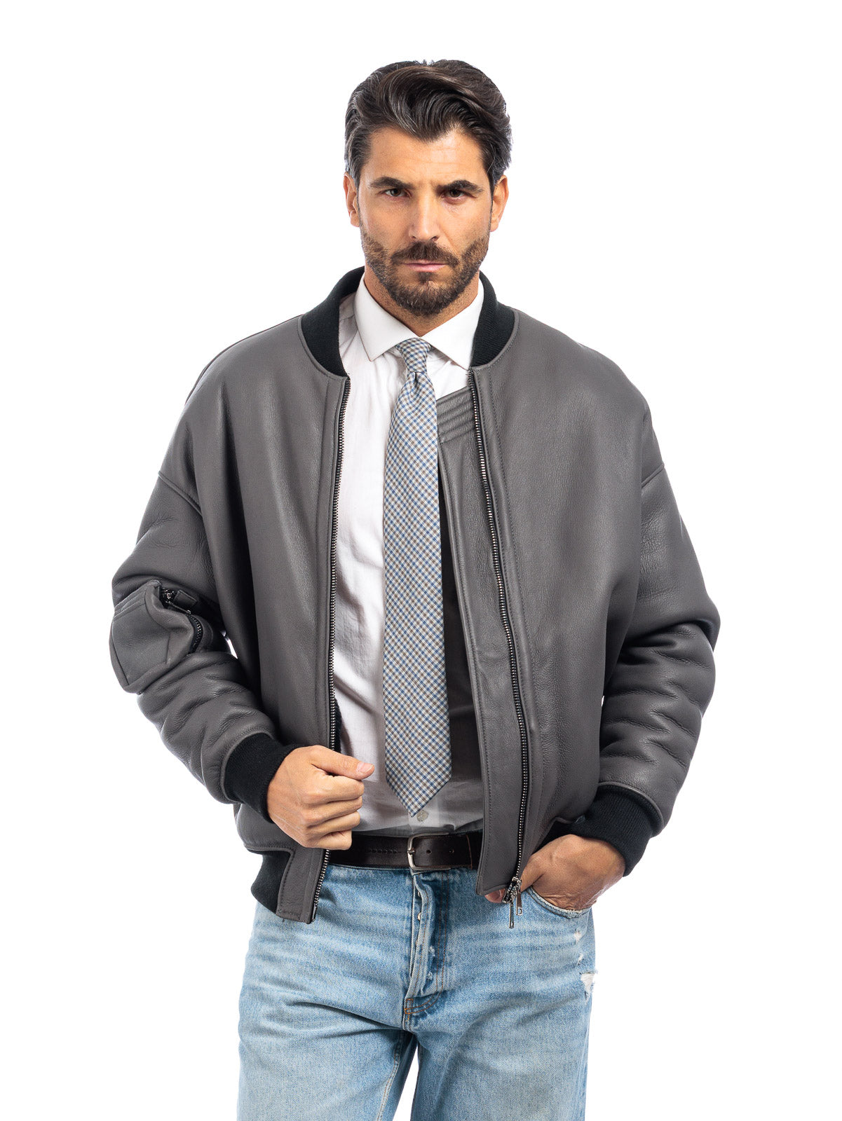 Bomber interamente in montone grigio pelo nero con tasca - linea OVER