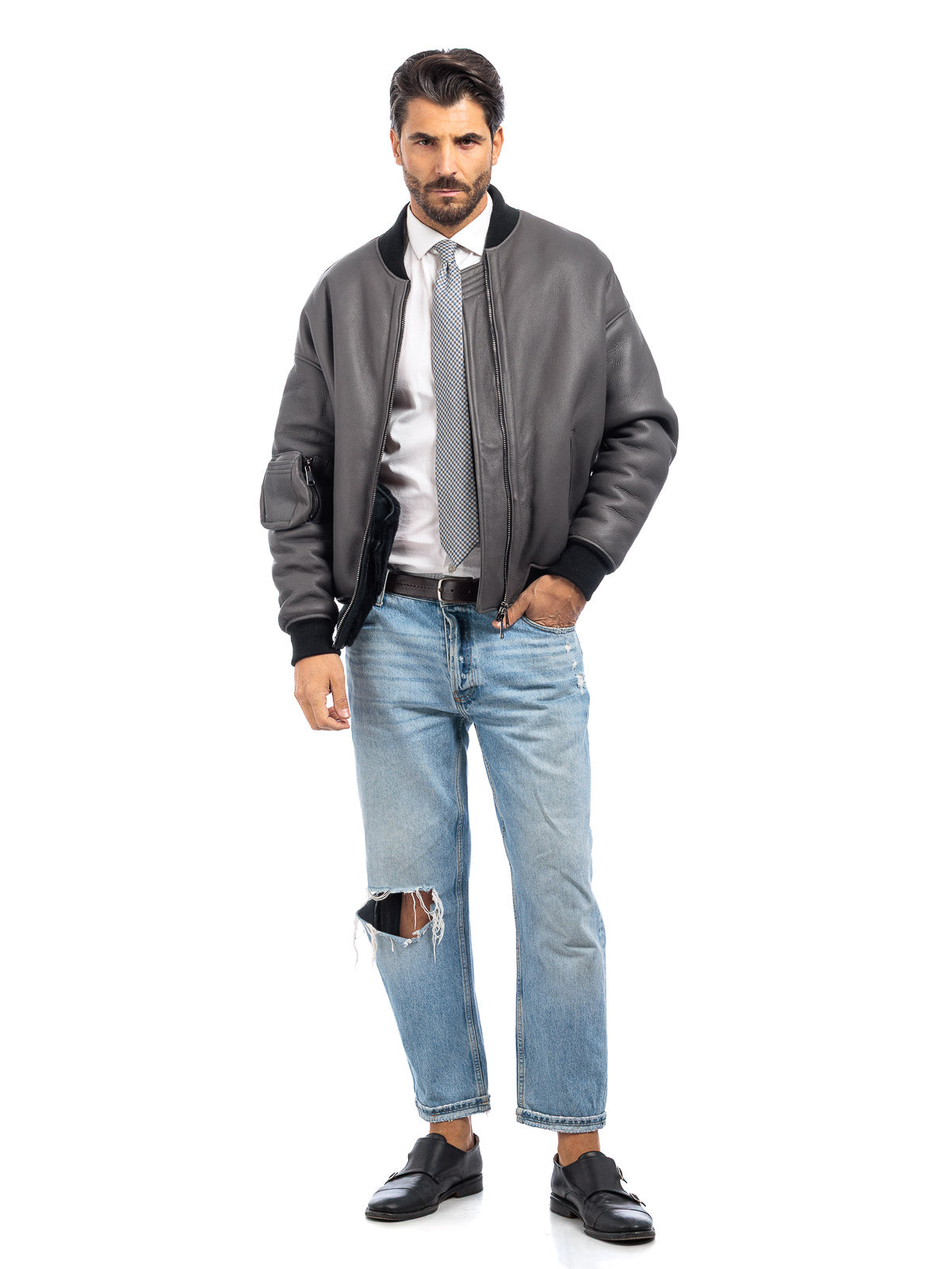 Bomber interamente in montone grigio pelo nero con tasca - linea OVER