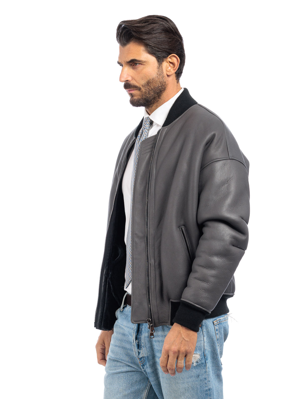 Bomber interamente in montone grigio pelo nero con tasca - linea OVER